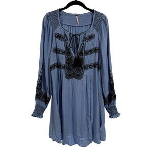 Free People Wind Willow Embroidered Mini Peasant Boho Blue Dress Size S